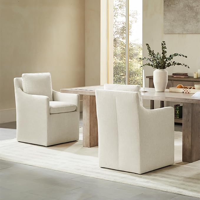 Upholstered Dining Chairs with Casters No Assembly Modern Accent Armchair with Rollers for Diningroom Bedroom Livingroom Reading Room,Cream,2 Boxs