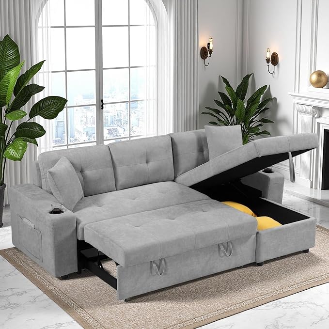 L Shape Pull Out Sofa Bed with Cup Holder, Convertible Sectional Couch with Reversible Chaise Storage, Modular 4 Seat Sofa with Side Pockets, for Living Room, Apartment, Office, Light Gray