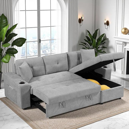 L Shape Pull Out Sofa Bed with Cup Holder, Convertible Sectional Couch with Reversible Chaise Storage, Modular 4 Seat Sofa with Side Pockets, for Living Room, Apartment, Office, Light Gray