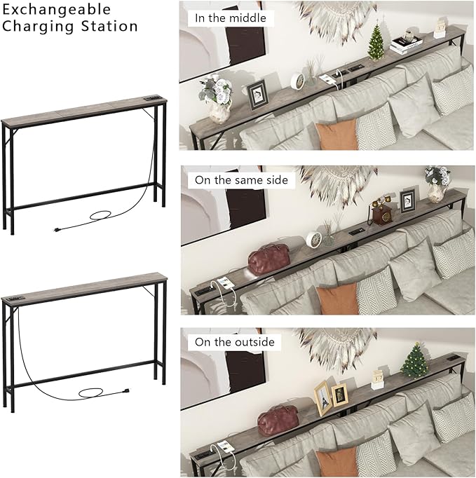 Tohomeor 5.9" Skinny Behind Sofa Console Table with Charging Station 47.2" Narrow Long Behind Couch Table with Power Outlets USB Ports Thin Entry Table for Entryway Living Room Hallway Retro Grey