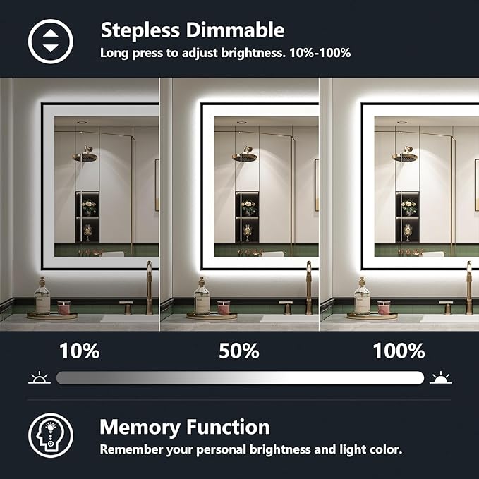 28x32 Inch LED Bathroom Mirror with Lights (Front Lit and Backlit) Black Framed Lighted Vanity Mirror for Bathroom Wall Dimmable Anti-Fog Memory Tempered Glass Horizontal/Vertical