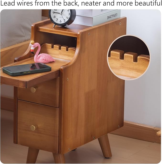 Small Nightstand, Narrow Nightstand, Solid Slim Wood Night Stand for Small Spaces, Couch, Walnut Color 7.87in Wide
