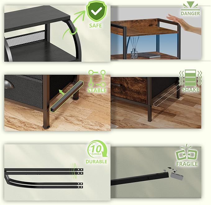Night Stand Nightstand with Drawer Black Nightstands Storage Night Stands 3 Drawers Bedside Dressers Table Open Shelves Bed Side End Tables for Bedroom Living Room Furniture Small Table Fabric Cabinet