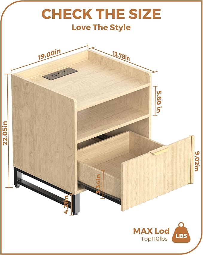 Fluted Night Stand Set 2 with Charging Station, Wood Nightstand with Large Drawer and Open Storage Cabinet, Mid-Century Modern Bedside Table End Table for Bedroom Closet Office