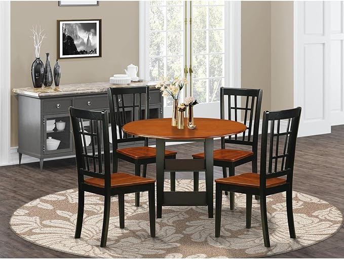 East West Furniture SUNI5-BCH-W 5 Piece Dining Room Furniture Set Includes a Round Dining Table with Dropleaf & Shelves and 4 Wood Seat Chairs, 42x42 Inch, Black & Cherry