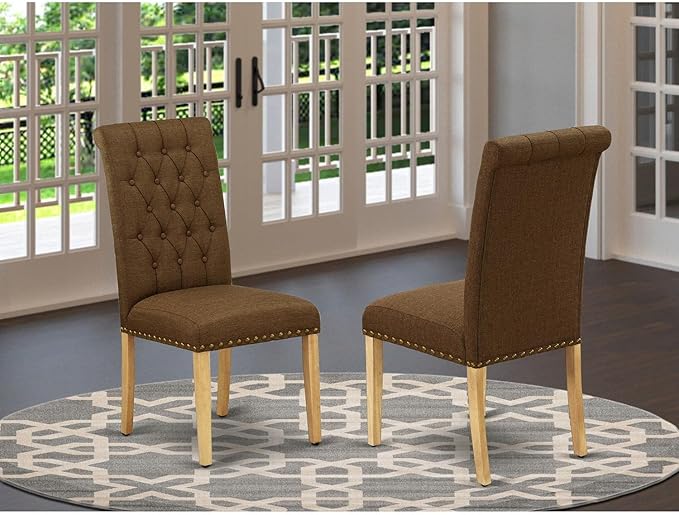 East West Furniture BRP4T18 Bremond Parson Kitchen Chairs - Button Tufted Nailhead Trim Brown Linen Linen Fabric Upholstered Dining Chairs, Set of 2, Oak