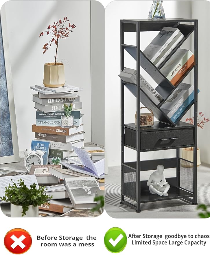 Bookshelf with Drawer,8 Tier Tree Bookcase Retro Floor Standing Bookshelves,Tall Wood Bookcases with Cabinet Storage Organizer for Living Room, Bedroom & Home Office, Black