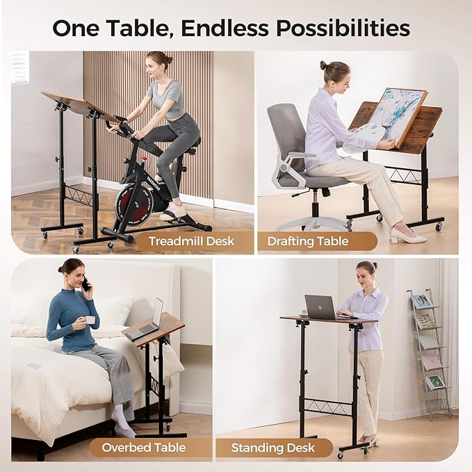 COMHOMA Small Standing Desk Adjustable Height & Tiltable Tabletop, Mobile Stand Up Desk for Laptop, Portable Computer Table for Home Office Work and Walking Pad Treadmill, Height 30.7"-46.4", Brown