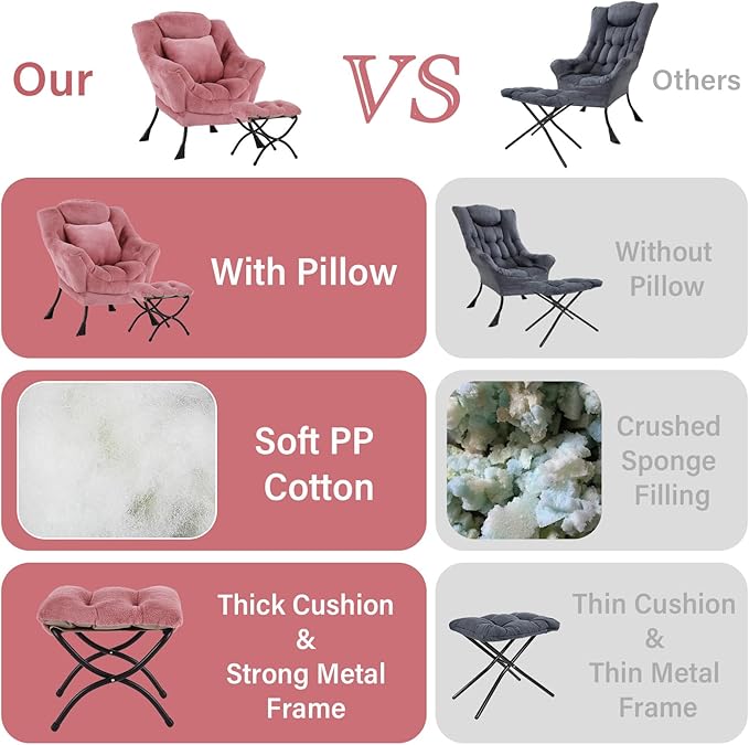 Lazy Chair with Ottoman, Comfy Reading Lounge Chair with Footstool & Throw Pillow Modern with Armrests & Side Pocket for Living Room, Bedroom, Dorm Room, Plush Dark Pink