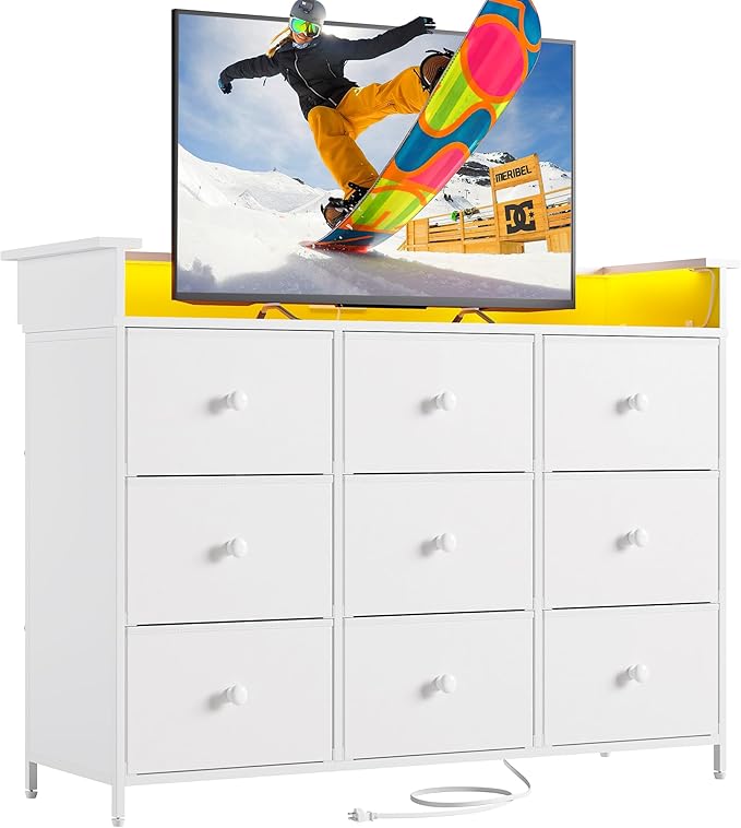 Nicehill 9 Drawer Dresser for Bedroom,Led Light White Dresser,TV Stand for Bedroom with Charging Station, Fabric Drawer Chests of Drawers for Hallway,Closet,Entryway