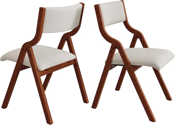 Folding Dining Chairs Set of 2, Upholstered Kitchen Chair with Padded Seat & Backrest, Modern Side-Chair with Wood Legs for Home Office Living Room,No Assembly Needed,Cream White+Cherry