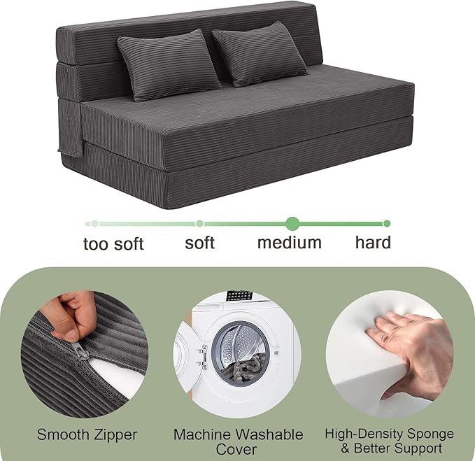MeMoreCool Boneless Folding Sofa Bed Queen, Corduroy Convertible Sleeper Chair, Foldable Foam Mattress Chair, Comfy Fold‑Out Futon Couch Bed, Large Floor Sofa Couch for Living‑Room Guest
