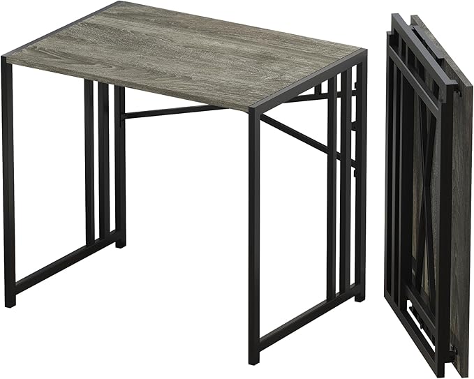 32 inch Small Folding Desk, Writing Gaming Computer Camping Desk for Small Spaces, No Assembly Required Home Office Desk, Black Oak