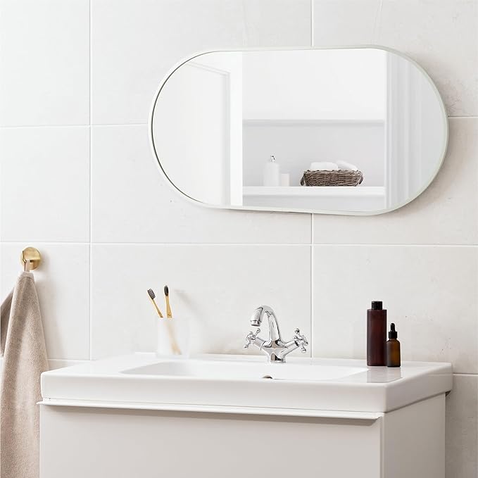 Navaris Oval Wall Mirror - 75 x 38 x 3 cm - Wall Mounted Hanging Mirror with White Rustproof Aluminium Frame - Round Mirror for Bathroom Bedroom Hallway