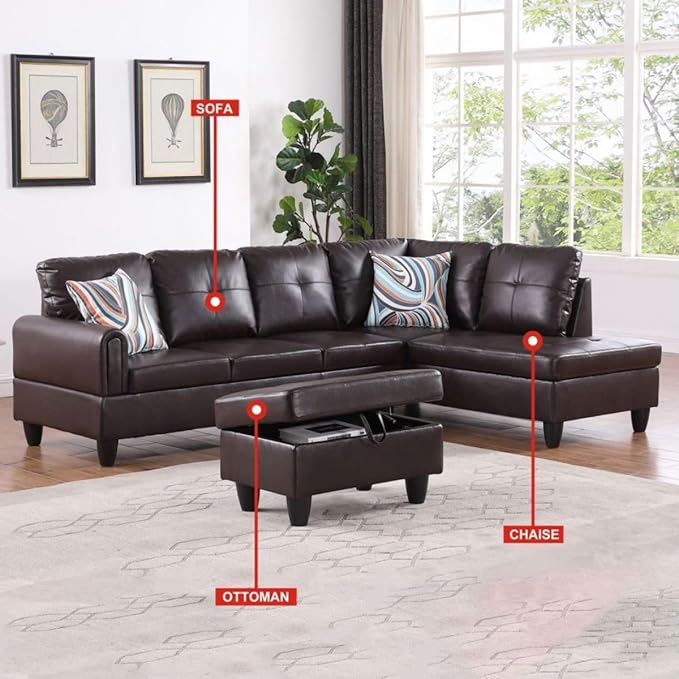Brown L-Shaped 3-Piece Faux Leather Sofa with Storage Ottoman Set, Sectional Couch Sofa Set for Living Room, Office, Small Space