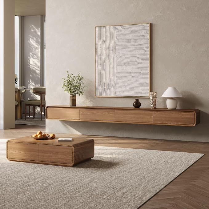 POVISON Fully-Assembled Minimalist Floating TV Stand, Modern Wall-Mounted Entertainment Center with 4 Flip-Down Cabinet Doors, Solid Wood Media Console, 110.24"