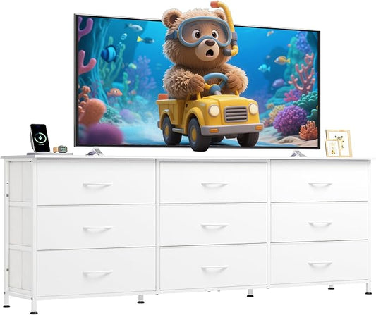 WLIVE 63''W Dresser for Bedroom, White Dresser TV Stand for 65, 70, 75 inch TV, Wide Chest of Drawers with 9 Drawer, Large Entertainment Center, Fabric Dressers with Wood Top for Closet, Living Room