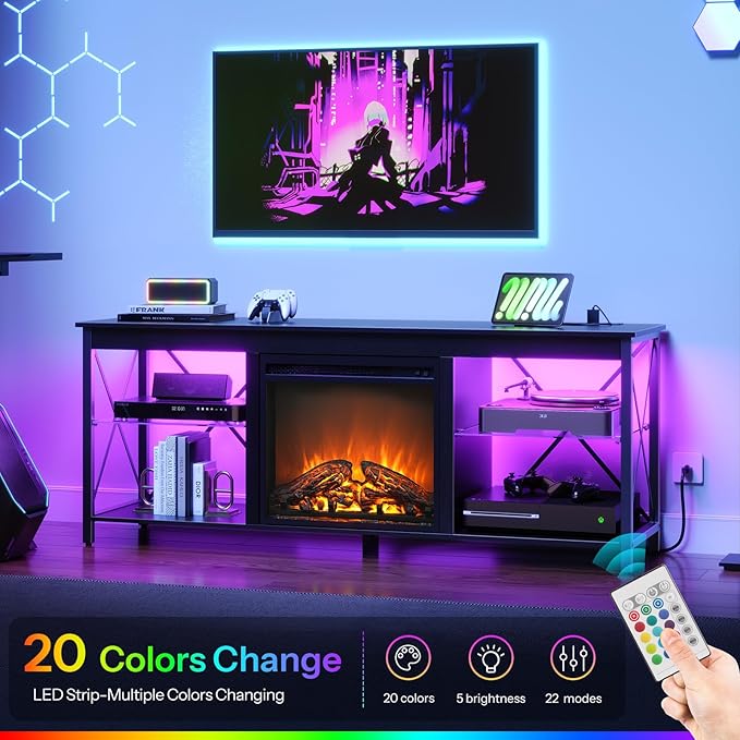HOOBRO Fireplace TV Stand with Charging Station and LED Lights, TV Stand with Fireplace for TVs up to 65", Entertainment Center with Fireplace, Glass Shelves, Black BB140UDDS01