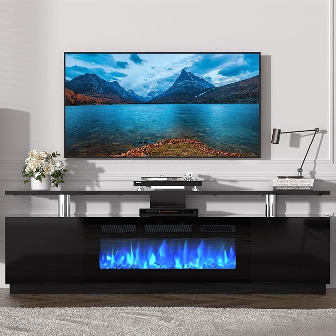 70'' Fireplace TV Stand, Entertainment Center with 36'' Firplace, 2 Tier TV Console Cabinet with Storage Cabinet, Electric Fireplace Heater with LED Light and 12 Flame Colors, Black
