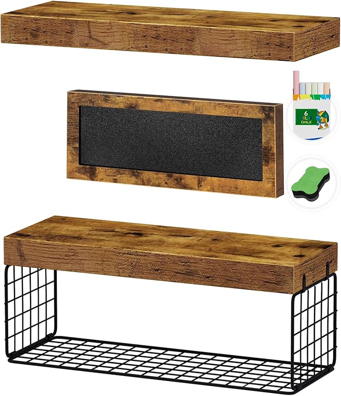 QEEIG Bathroom Shelves Over Toilet - Paper Storage Wall Mounted Farmhouse Decor Decorations Chalkboard Small Floating Shelf 2+1 Set 16 inch, Rustic Brown (021BN)