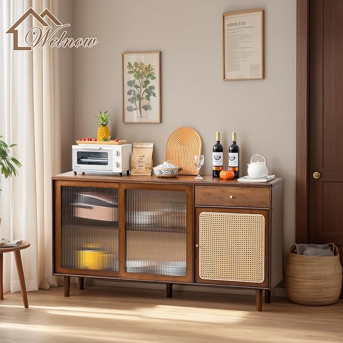 Welnow Buffet Cabinet, Bamboo Sideboard with Storage Rattan Kitchen Display Cabinet with Drawer, Boho Coffee Bar Tables for Kitchen, Living Room, Entryway, Office, Walnut