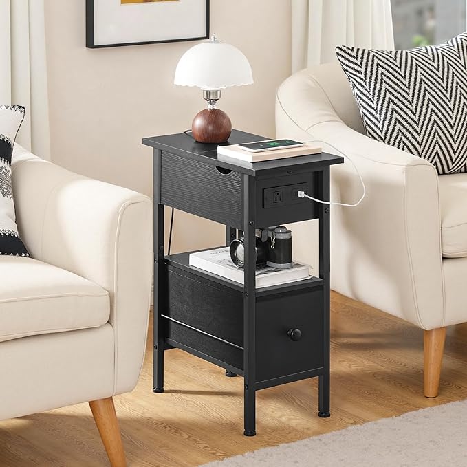 HOOBRO End Table with Charging Station, Flip Top Narrow Side Table with Storage Drawer, Slim Nightstand Bedside Tables with Shelves, for Small Space, Living Room, Bedroom, Black BK343UBZ01G1