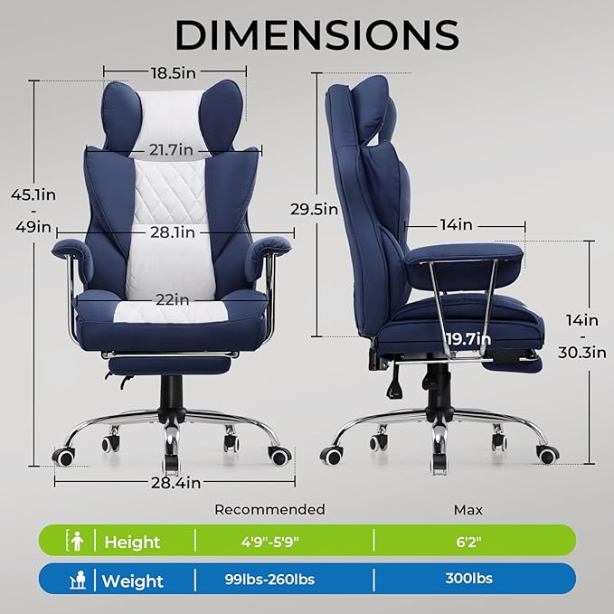 GTRACING Gaming Chair,Office Chair with Pocket Spring Lumbar Support, Ergonomic Comfortable Wide Office Desk Computer Chair with Outward Fixed Soft Armrests and Footrest (Fabric, Dark Blue & White)