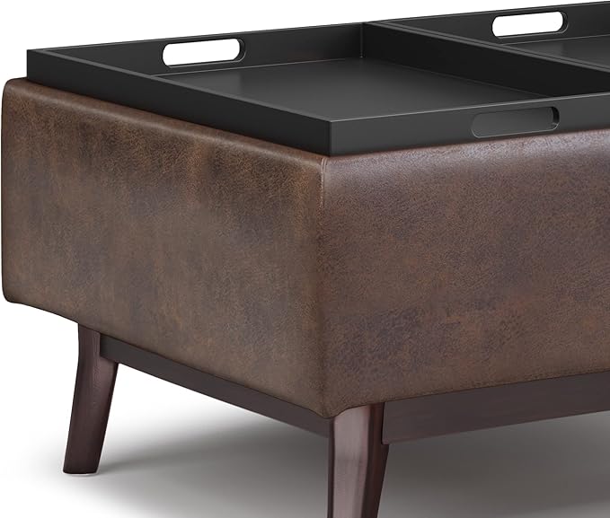 SIMPLIHOME Owen 34 inch Wide Mid Century Modern Rectangle Coffee Table Storage Ottoman Distressed Chestnut Brown/Flip Over Tray top