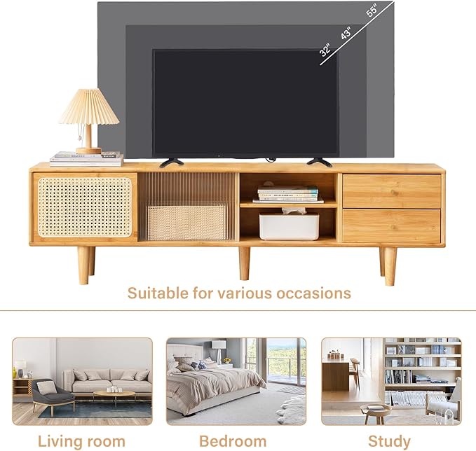 Tiita Rattan TV Stand for 55 65 Inch TV, Bamboo TV Cabinet with 2 Drawers, Boho Entertainment Center with Adjustable Shelf, Mid Century Modern Media Console for Bedroom, Living Room, Wood