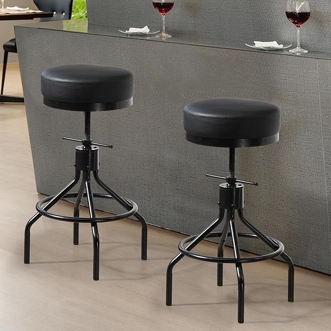 Industrial Bar Stools Set of 3 Adjustable Barstools Swivel Modern PU Leather 28inch Round Backless Kitchen Counter Height Metal Stool Bar Chair for Kitchen Island (3, Black)