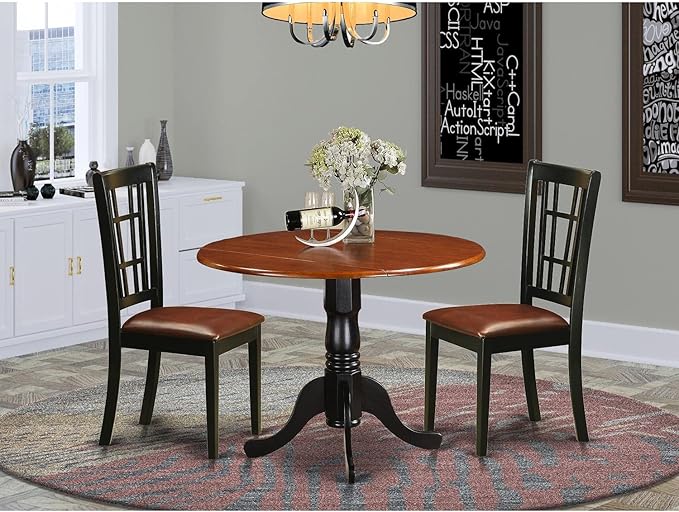 East West Furniture DLNI3-BCH-LC 3 Piece Dining Set Contains a Round Dining Room Table with Dropleaf and 2 Faux Leather Upholstered Chairs, 42x42 Inch, Black & Cherry