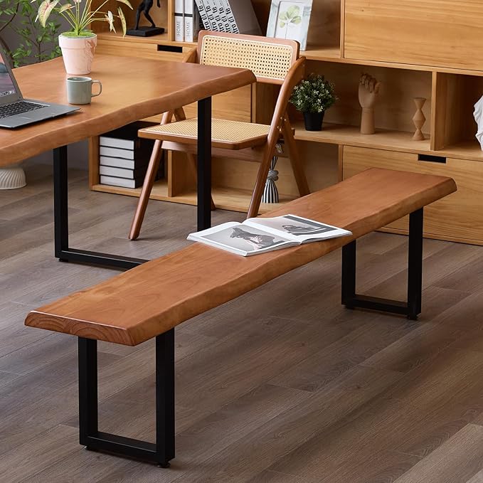 Brown Bench Wooden Long Bench with Metal Legs for Office Restaurant Living Room Meeting Room Indoor Seating Multiple (tan bench55.12in)