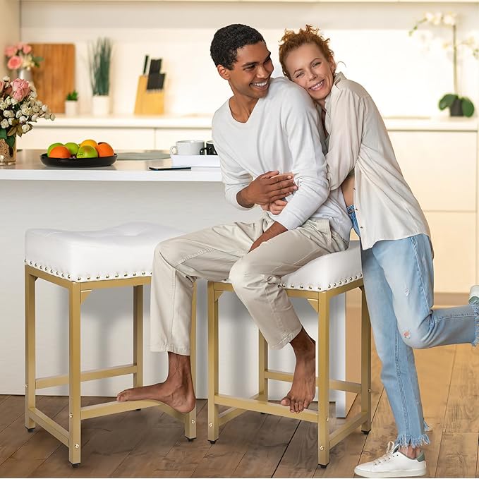 White & Gold Counter Height Bar Stools Set of 3, 24" Bar Stools for Kitchen Island, Modern Counter Stool Set of 3 Backless Saddle Barstools for Kitchen Dining Room White Gold