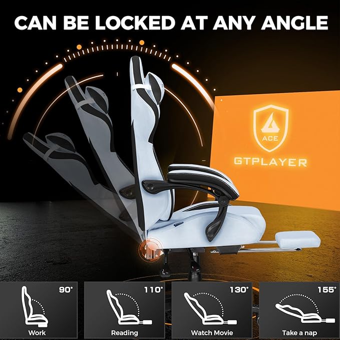 GTPLAYER Gaming Chair with Footrest, Big and Tall Game Chair High Back Computer Office Chair with Lumbar Support for Adults, Ergonomic Swivel Games Chair with Cushion Gaming Velvet Fabric Light Blue