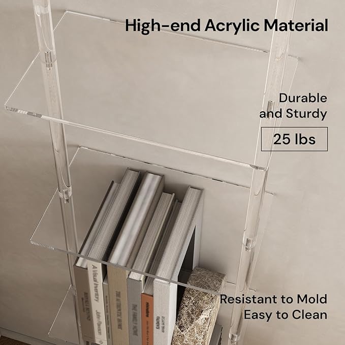 Small Acrylic Ladder Bookshelf, 9.5" D x 15.6" W, 4-Tier Clear Wall Mounted Book Shelf for Small Spaces, Multipurpose Bookcase for Living Room, Bathroom, Office, Modern, 59" H