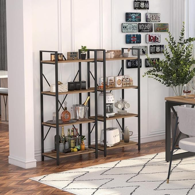 BON AUGURE Industrial 4 Tier Bookshelf, Modern Open Shelving Unit Book Shelves, Heavy Duty Etagere Bookcase, Wood Metal 4 Shelf Book Case for Office, Living Room and Bedroom (Vintage Oak)