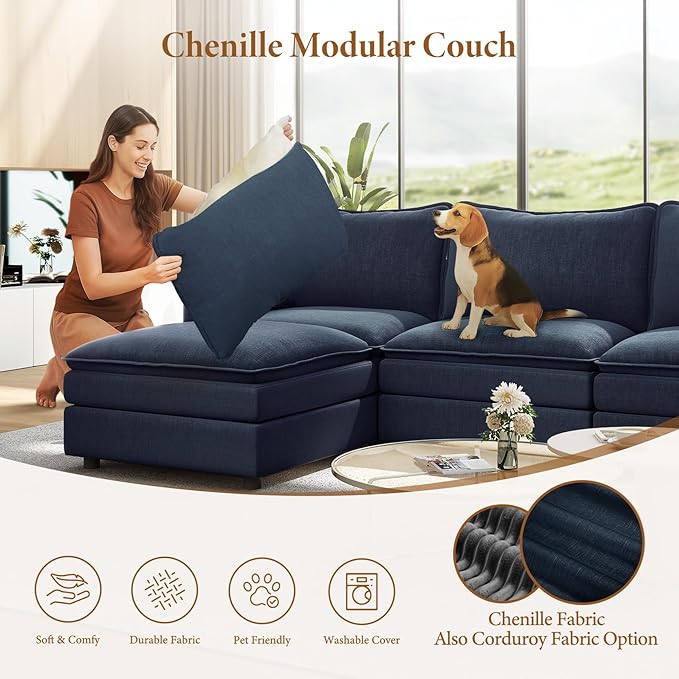 Vesgantti Large Modular Sectional Sofa, Big Comfy Cloud Couch with Ottoman Deep Seat Chenille Cloud Sofa, 8 Seater Large Sectional Couches for Living Room, Bedroom and Apartment, Blue
