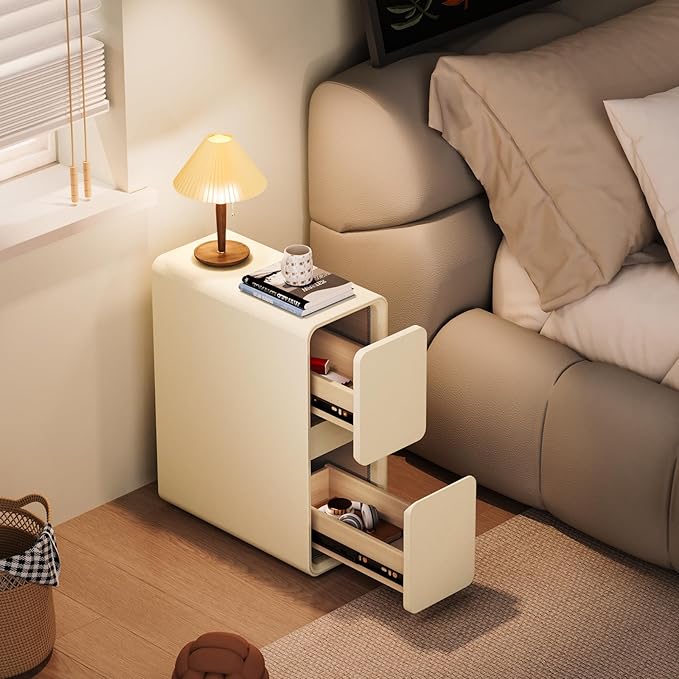 VICITON Modern Narrow Faux Leather Nightstand, Solid Wood Drawer, Storage Accent Table, Small Side End Table for Bedroom (Cream White, Narrow)