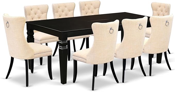 East West Furniture LGDA9-BLK-32 9 Piece Dining Room Set Includes a Rectangle Kitchen Table with Butterfly Leaf and 8 Polyester Fabric Padded Chairs, 42x84 Inch, Black