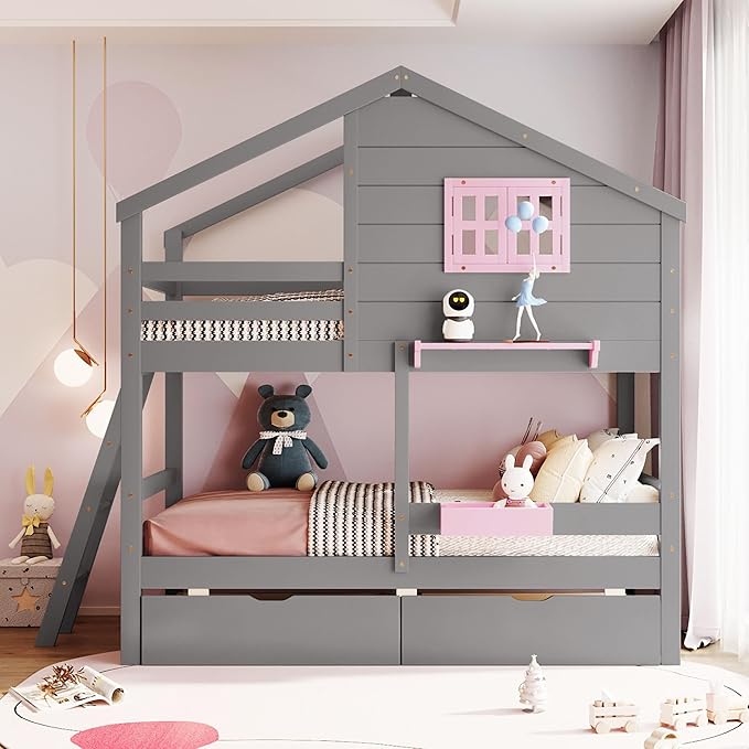Ball & Cast Twin Over Twin Size Bunk Bed with 2 Drawers and 1 Storage Box,Playhouse Wood Bunkbed w/Window & 1 Shelf,Slat Support,Space Saving,Bedroom Furniture for Student Dorms,Gray