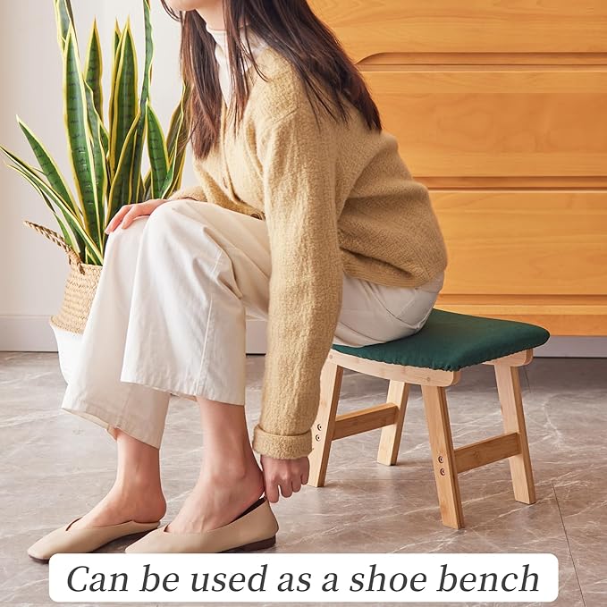 Foot Stool,Ottoman,Bamboo Small Sofa Foot Rest Under Desk,Extra Seating for Living Room, Bedroom and Kitchen (Natural Stool Legs - Green Surface)