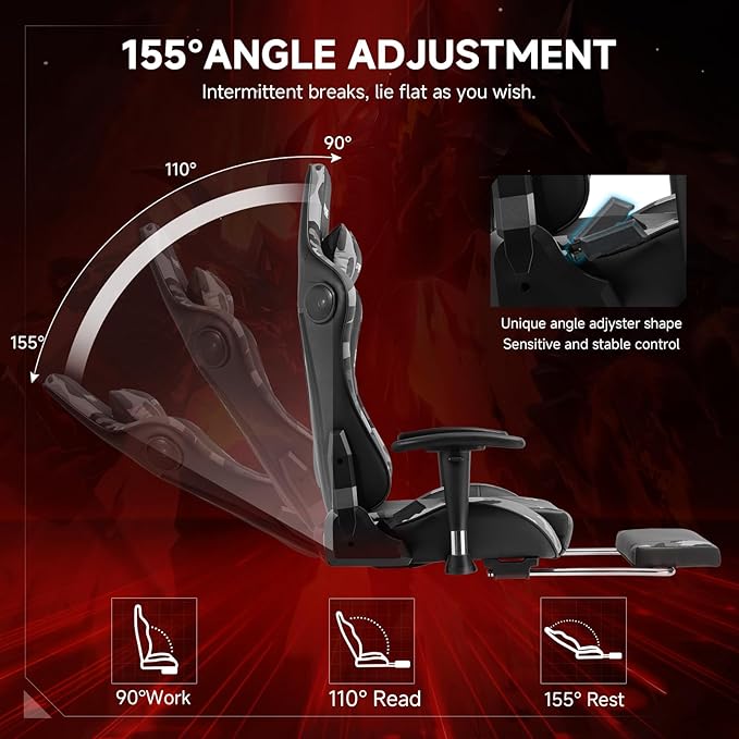 GTPLAYER Gaming Chair with Bluetooth Speakers and Footrest, Ergonomic Gamer Chair with Reclining Backrest, 3D Armrests, Adjustable Seat Height, Computer Desk Chair for Adults (Camouflage)