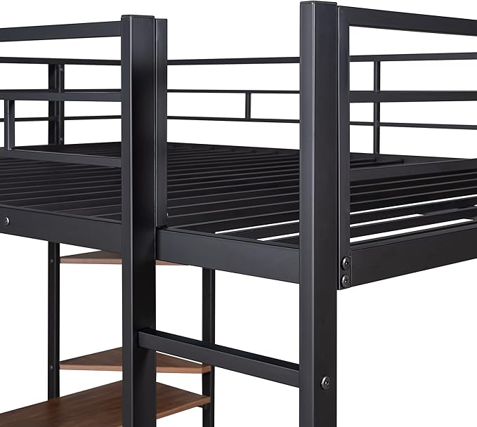 Full Size Metal Loft Bed with 2 Storage Shelves and 1 Desk,Steel Structure Bed Frame W/ 2 Build-in Ladders & Full-Length Guardrails,No Box Spring Needed,for Kids Teens Adults,Black
