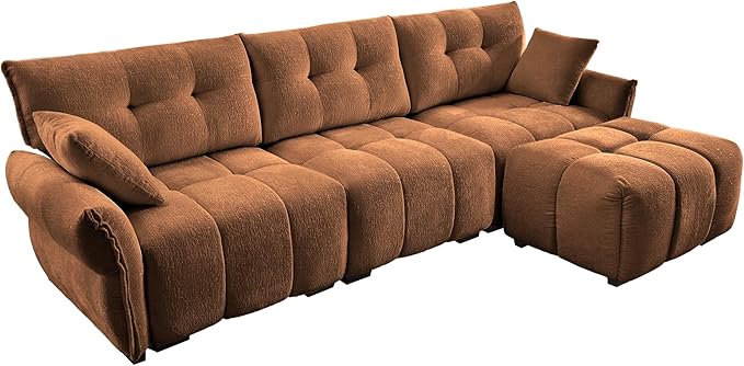 Modern Chenille Fabric 3-Seat Sofa w/Ottoman+2 Pillows, Premium Upholstery Living Room Couch with Tufted Backrest & Comfortable Armrests and High-Resilience Memory Foam Cushions,Orange