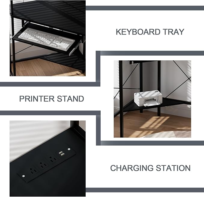 Corner Desk with Hutch and LED Lights, Corner Computer Desk with Keyboard Tray and Monitor Stand, Small Computer Desk for Small Spaces, Home Office