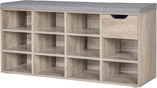DINZI LVJ Shoe Bench, Entryway Storage Bench with Drawer and 11 Cubbies, Cubby Shoe Rack with Adjustable Shelves, Organizer Cabinet for Living Room, Bedroom, Mudroom, Closet and Garage, Greige