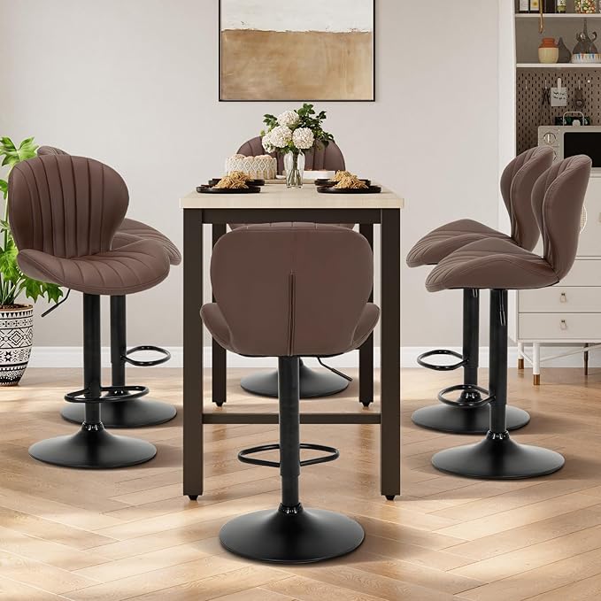COLAMY Bar Stools Set of 4, Modern Swivel Bar Chairs, Adjustable Faux Leather Upholstered Barstools Counter Height with High Backrest for Bar, Kitchen Island, Dining Room, Brown