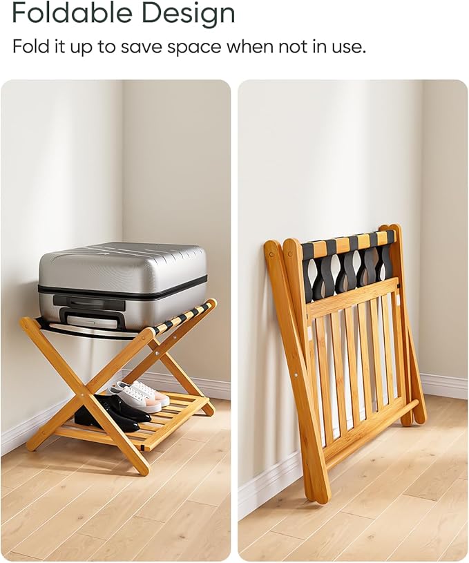 Pack of 2 Fully Assembled Bamboo Luggage Racks with Shoe Shelf, 5 Heavy-Duty Straps Folding Suitcase Stand, Luggage Holders for Guest Room Must Haves, Ideal for Bedroom, Hotel, Honey Oak