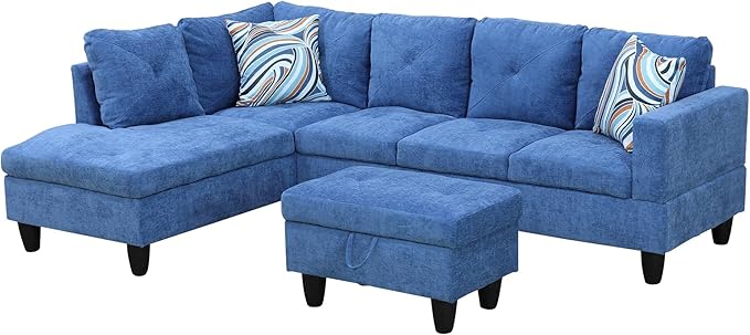 NicBex Sectional Couch 3 Pieces Sofa Set with Right Chaise Linen L Shaped Cloud Couch for Living Room Furniture Sets with Storage Ottoman, Modular Sofa for Living Room & Apartment, Blue