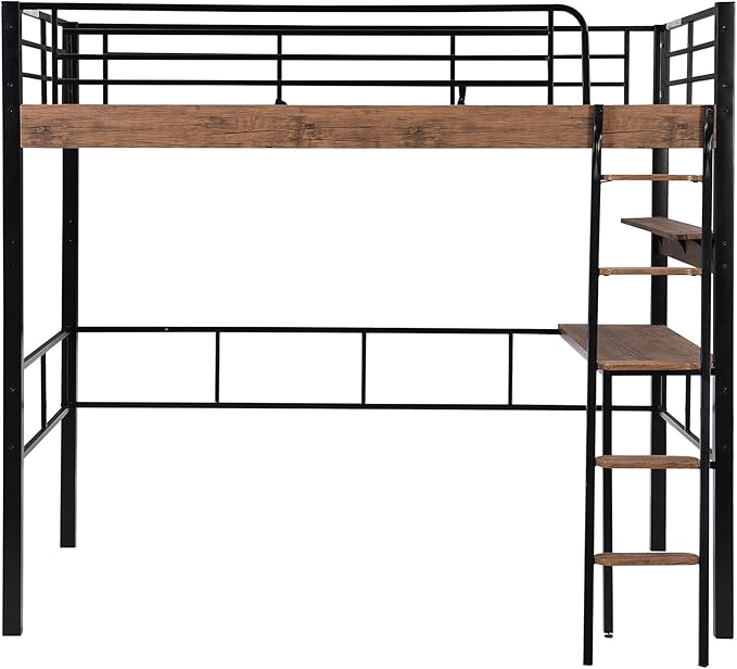 Metal Full Size Loft Bed with Built-in Desk,Storage Shelf and Ladder,Full-Length Guardrails and Secured Metal Slats, High LoftBed W/Large Storage Space for Kids Teens Adults Bedroom,Black
